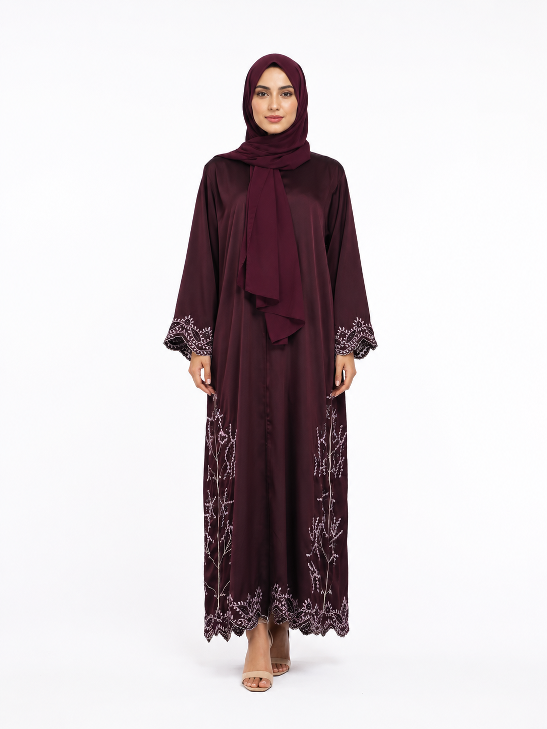 Plum Scalloped Lace Hem Front Open Abaya